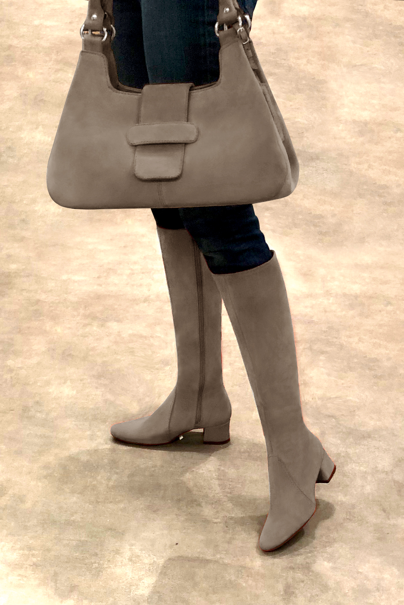 Tan beige women's feminine knee-high boots. Round toe. Low flare heels. Made to measure. Worn view - Florence KOOIJMAN